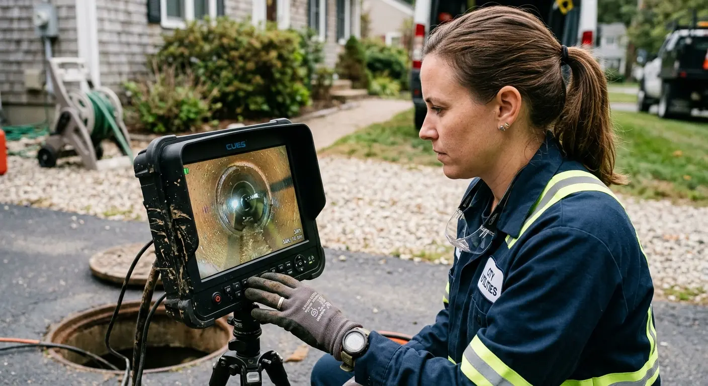 Technician reviewing sewer camera inspection footage in Capitola