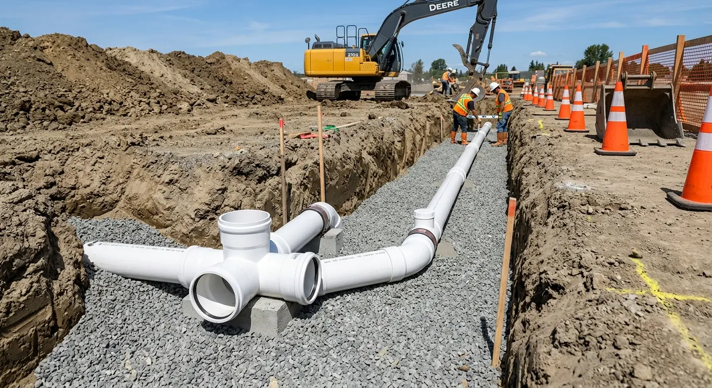 New PVC sewer pipe installation in open trench for Sewer Backup in Capitola