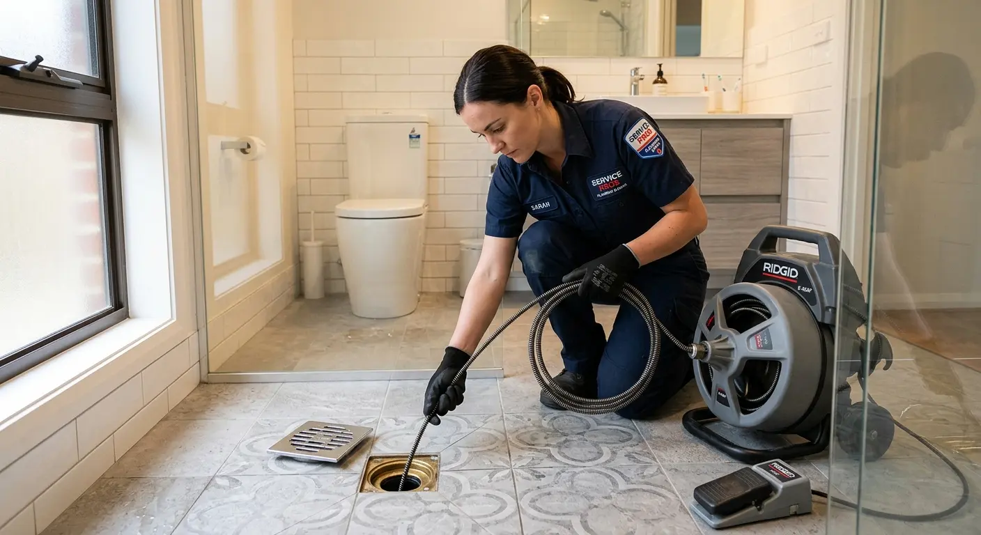 Technician clearing a bathroom floor drain for Drain Cleaning in Capitola
